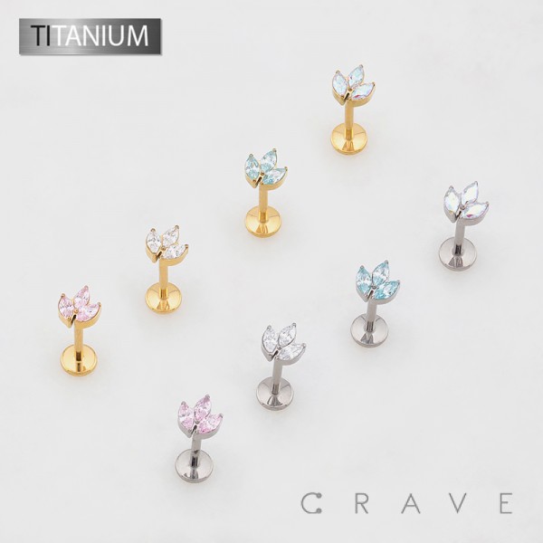 TRIPLE  MARQUISE FAN CZ TRINITY TOP IMPLANT GRADE TITANIUM PUSH IN LABRET SET